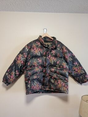 NAF NAF Floral Down Puffer Jacket Oversized Green Pink Women M